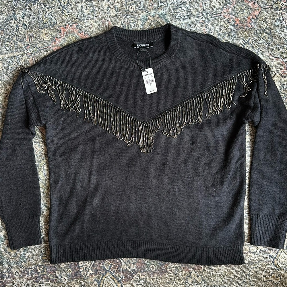 New express holiday sweater with jeweled tassel trim